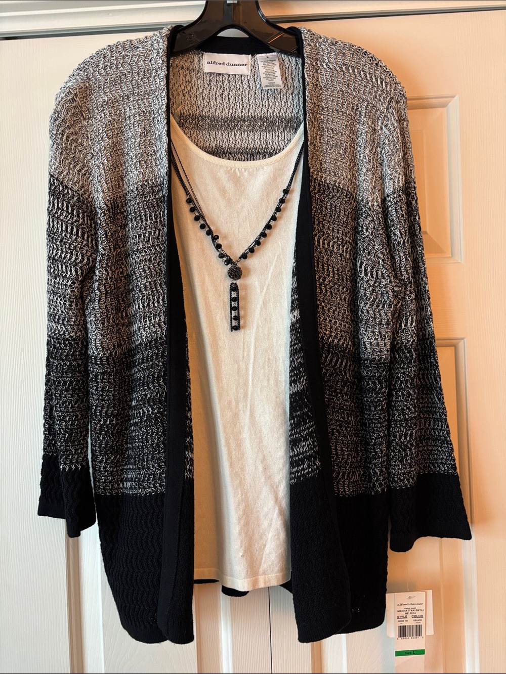 Alfred Dunner Black & Gray Ombre Open-Front Knit Cardigan & White Attached Tee